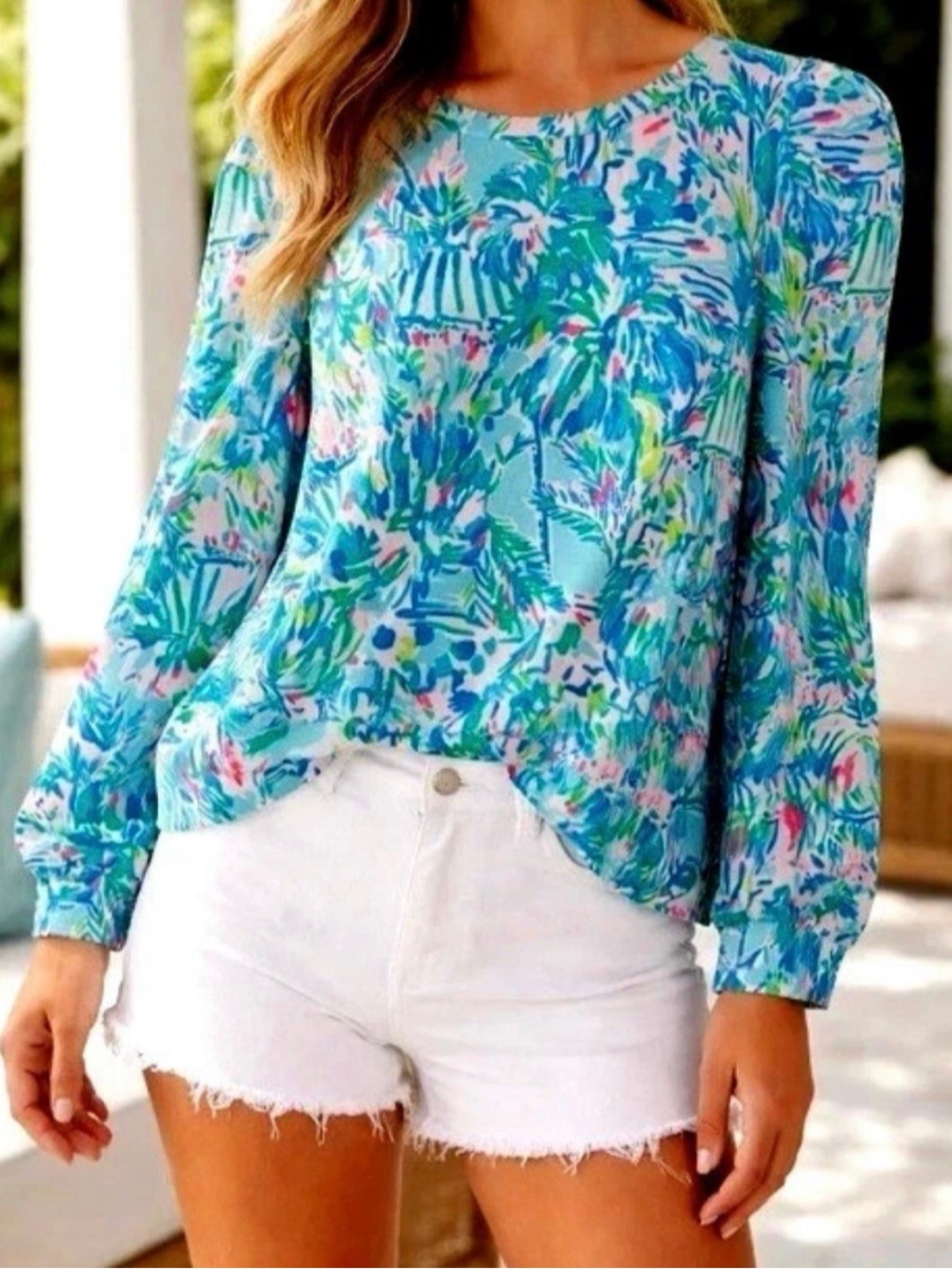 Lilly Pulitzer Jansen Sweatshirt Blue Ibiza Cabana Cocktail Puff Sleeve XS NWT